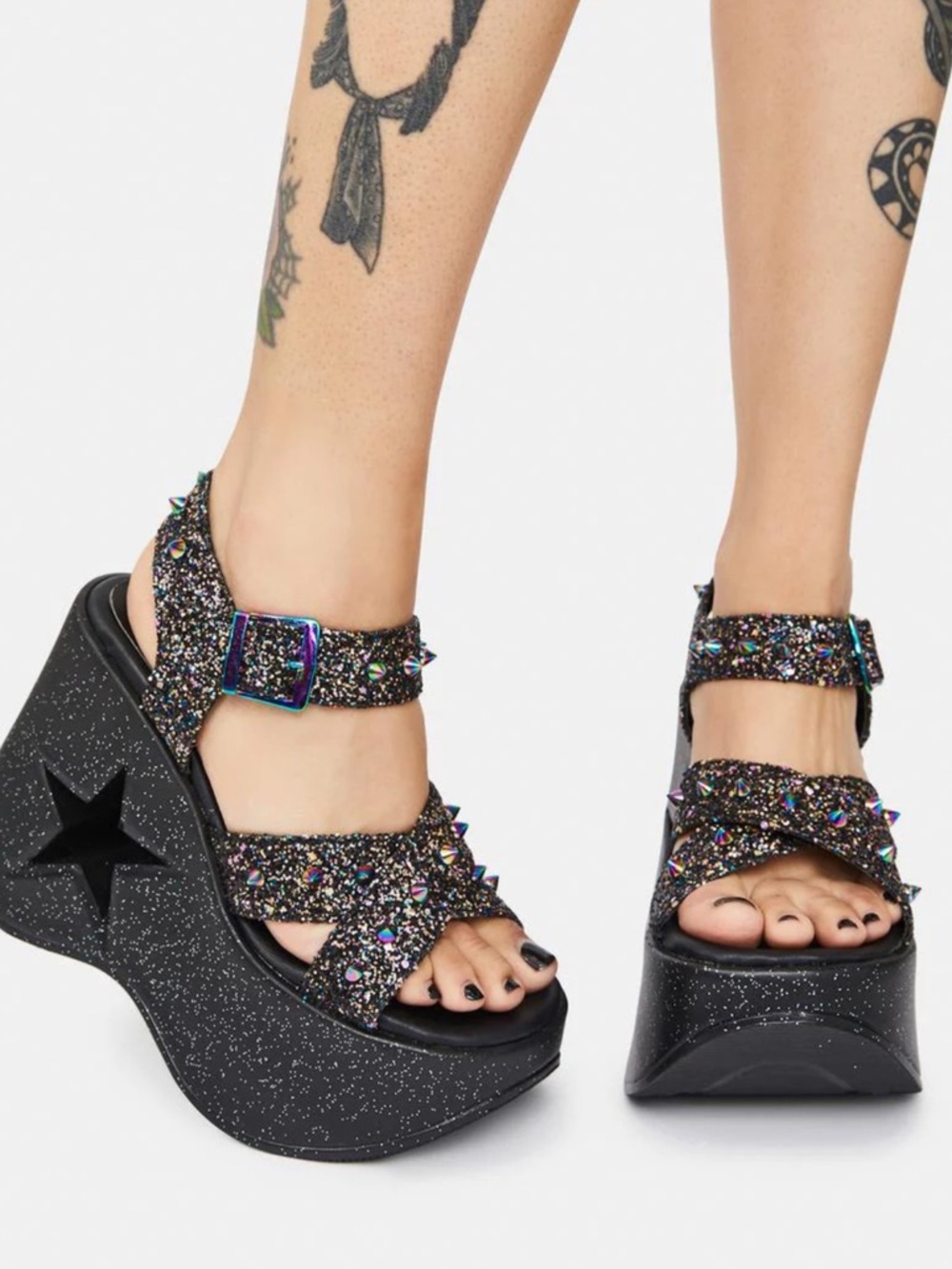 Demonia Black Glitter Platform Wedge Sandals with Iridescent Studs